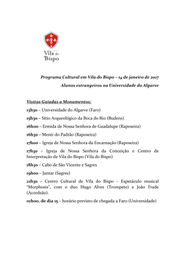Programa Cultural Em Vila Do Bispo – 14 De Janeiro De 2017 Alunos Estrangeiros Na Universidade Do Algarve