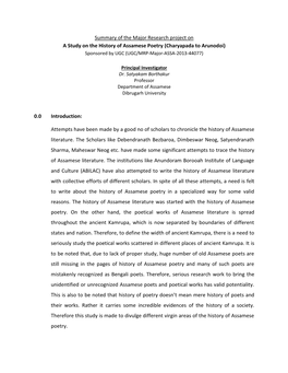 Summary of the Major Research Project on a Study on the History of Assamese Poetry (Charyapada to Arunodoi) Sponsored by UGC (UGC/MRP-Major-ASSA-2013-44077)