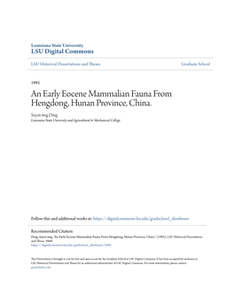 An Early Eocene Mammalian Fauna from Hengdong, Hunan Province, China