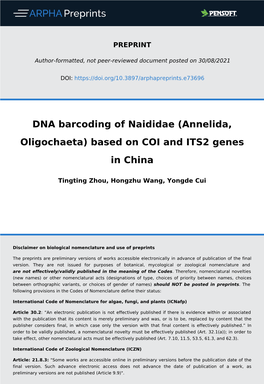 (Annelida, Oligochaeta) Based on COI and ITS2 Genes in China