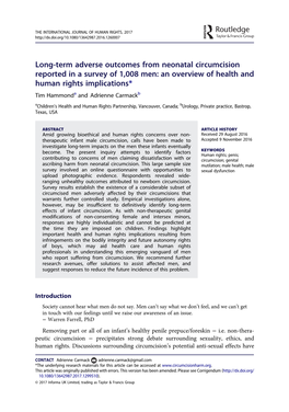 Long-Term Adverse Outcomes from Neonatal Circumcision Reported in a Survey of 1008