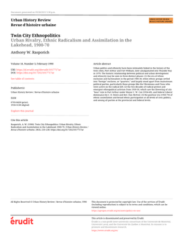 Twin City Ethnopolitics: Urban Rivalry, Ethnic Radicalism and Assimilation in the Lakehead, 1900-70