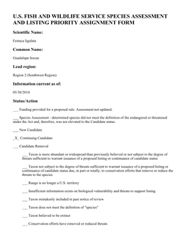 U.S. Fish and Wildlife Service Species Assessment and Listing Priority Assignment Form