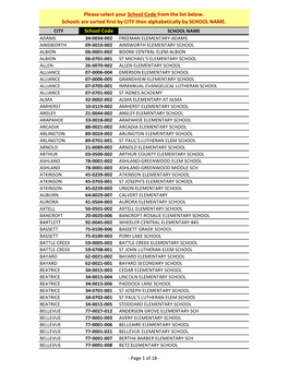 School Code Please Select Your School Code from the List Below