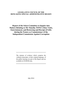 Report of the Select Committee to Inquire Into Matters Relating to Mr Timothy TONG's Duty Visits, Entertainment, and Bestowing