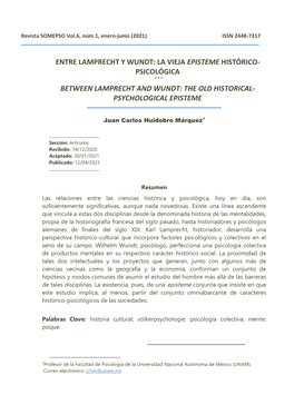 Entre Lamprecht Y Wundt: La Vieja Episteme Histórico- Psicológica * * * Between Lamprecht and Wundt: the Old Historical- Psychological Episteme