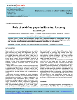 Role of Acid-Free Paper in Libraries: a Survey