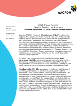 2016 Annual Meeting General Session Lay Summary Thursday, September 22, 2016 - Opening General Session