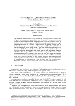 Two-Way Speed of Light and Lorentz-Fitzgerald's Contraction In