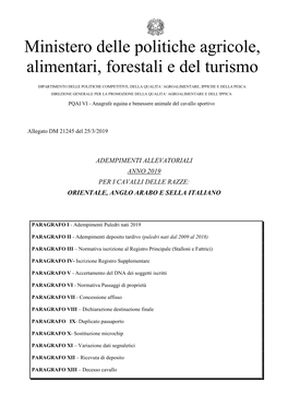 Circolare Adempimenti Allevatoriali Anno 2019 Cavalli Razze Orientale, Anglo Arabo E Sella Italiano