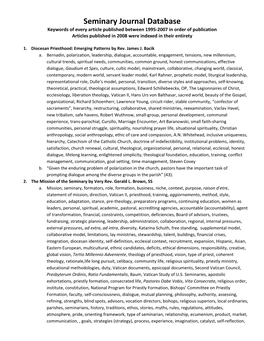 Seminary Journal Database Keywords of Every Article Published Between 1995-2007 in Order of Publication Articles Published in 2008 Were Indexed in Their Entirety