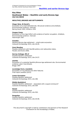 Neolithic and Earlier Bronze Age Key Sites Southwest Wales – Neolithic