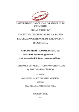 EFECTO DIURÉTICO DEL INFUSO DE HOJAS DE Equisetum Giganteum L (Cola De Caballo) EN Rattus Rattus Var