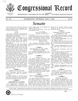 Congressional Record United States Th of America PROCEEDINGS and DEBATES of the 107 CONGRESS, SECOND SESSION