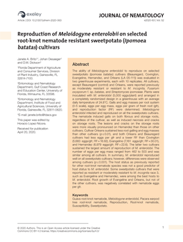 JOURNAL of NEMATOLOGY Reproduction of Meloidogyne Enterolobii on Selected Root-Knot Nematode Resistant Sweetpotato (Ipomoea