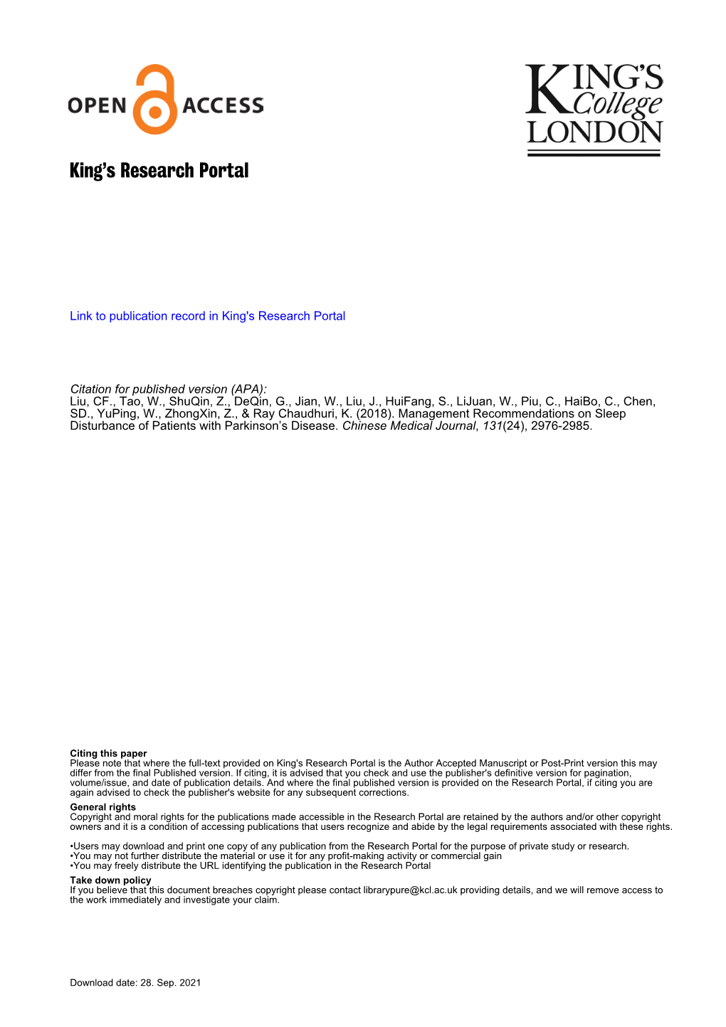 Management Recommendations on Sleep Disturbance of Patients with Parkinson’S Disease