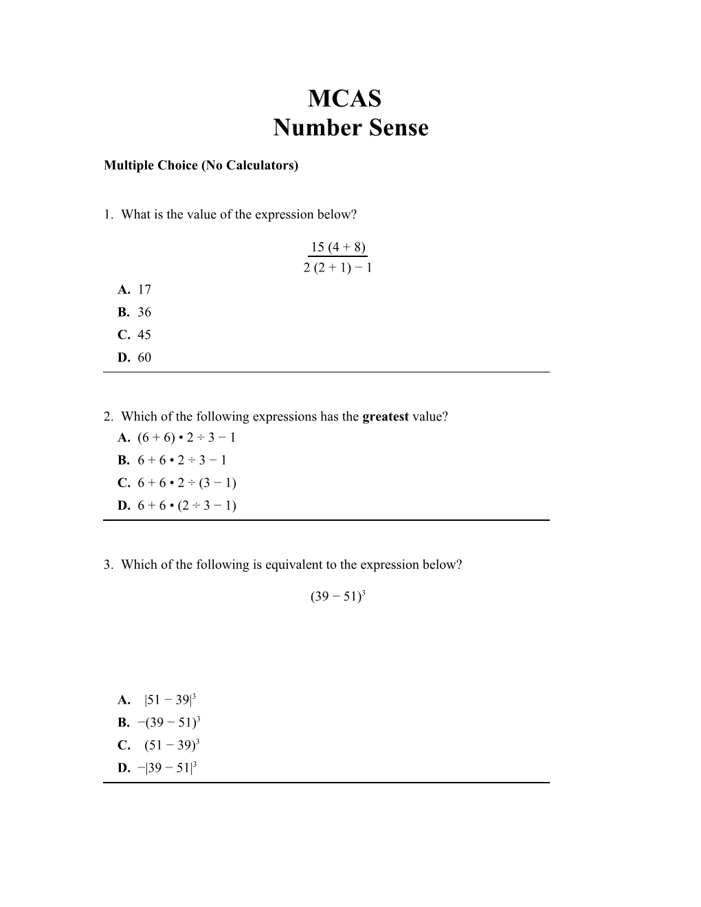 MCAS Number Sense