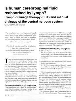 Is Human Cerebrospinal Fluid Reabsorbed by Lymph? Lymph Drainage Therapy (LDT) and Manual Drainage of the Central Nervous System by Bruno Chikly, MD (France)