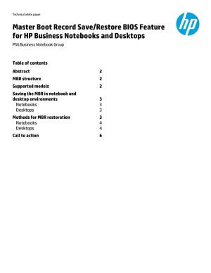 Master Boot Record Save/Restore BIOS Feature for HP Business Notebooks and Desktops PSG Business Notebook Group