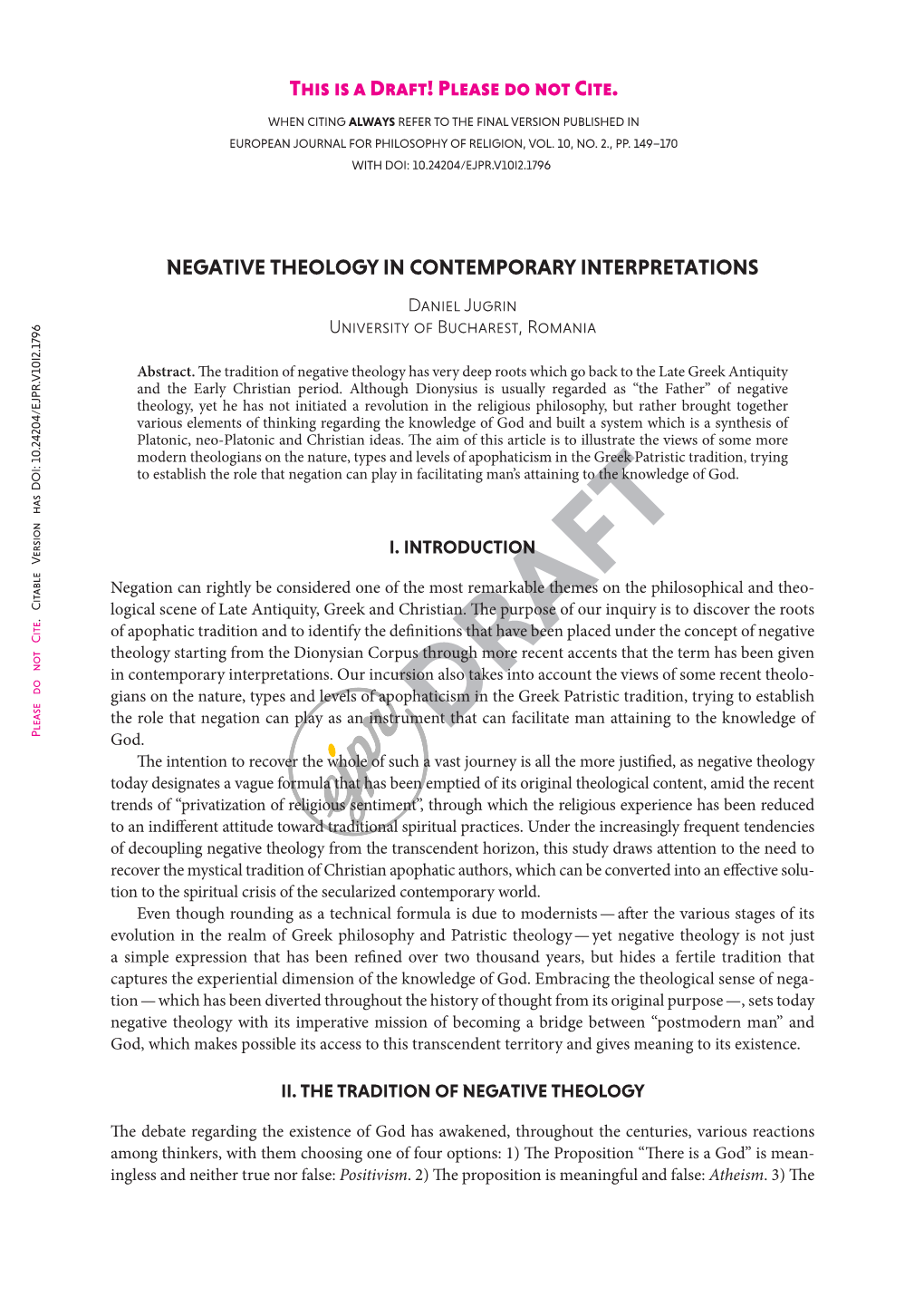 This Is a Draft! Please Do Not Cite. NEGATIVE THEOLOGY IN