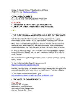 CFA HEADLINES November 2, 2006 - SPECIAL EDITION from CFA