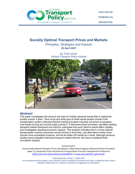 Socially Optimal Transport Prices and Markets Principles, Strategies and Impacts 22 April 2021