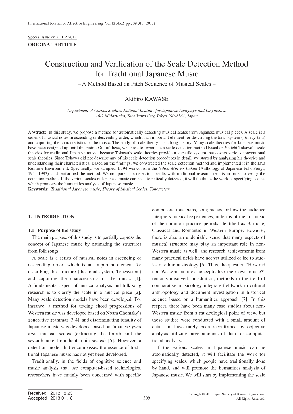 Construction and Verification of the Scale Detection Method for Traditional Japanese Music – a Method Based on Pitch Sequence of Musical Scales –