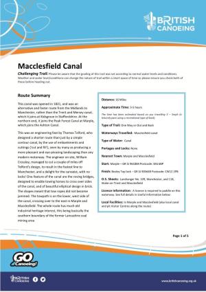 Macclesfield Canal Challenging Trail: Please Be Aware That the Grading of This Trail Was Set According to Normal Water Levels and Conditions