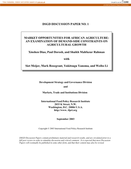 Market Opportunities for African Agriculture: an Examination of Demand-Side Constraints on Agricultural Growth