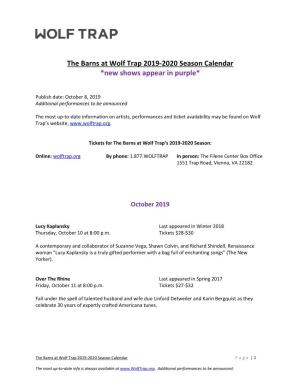 The Barns at Wolf Trap 2019-2020 Season Calendar *New Shows Appear in Purple*