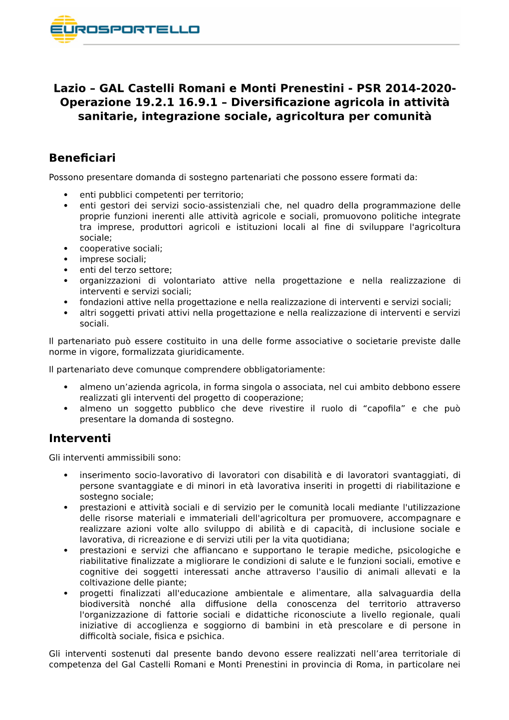 Lazio – GAL Castelli Romani E Monti Prenestini