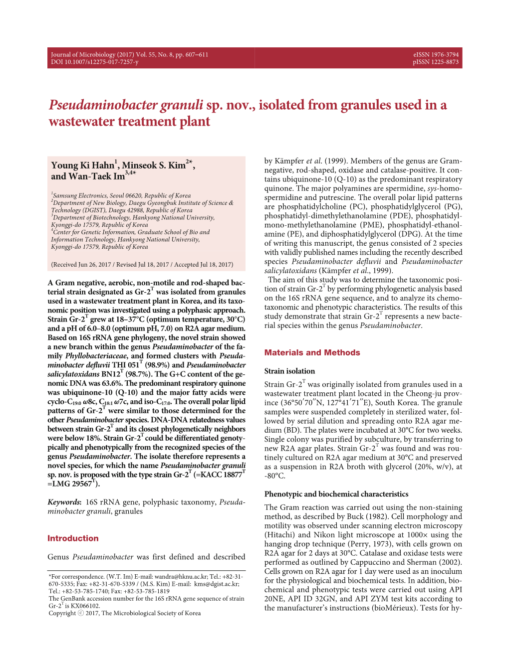 Pseudaminobacter Granuli Sp. Nov., Isolated from Granules Used in a Wastewater Treatment Plant