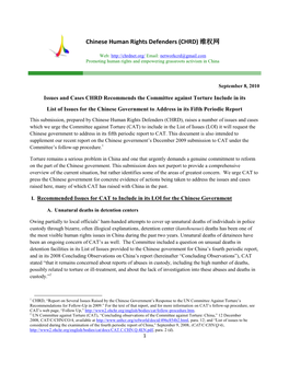 Issues and Cases CHRD Recommends the Committee Against Torture Include in Its List of Issues for the Chinese Government to Address in Its Fifth Periodic Report