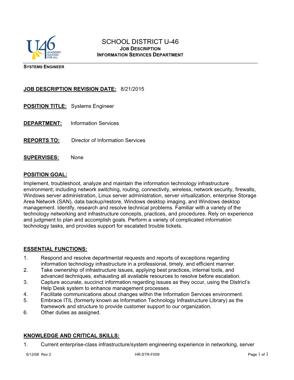 School District U-46 Job Description Information Services Department