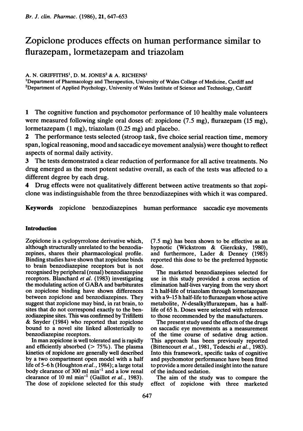 Zopiclone Produces Effects on Human Performance Similar to Flurazepam, Lormetazepam and Triazolam