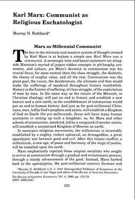 Karl Marx: Communist As Religious Eschatologist