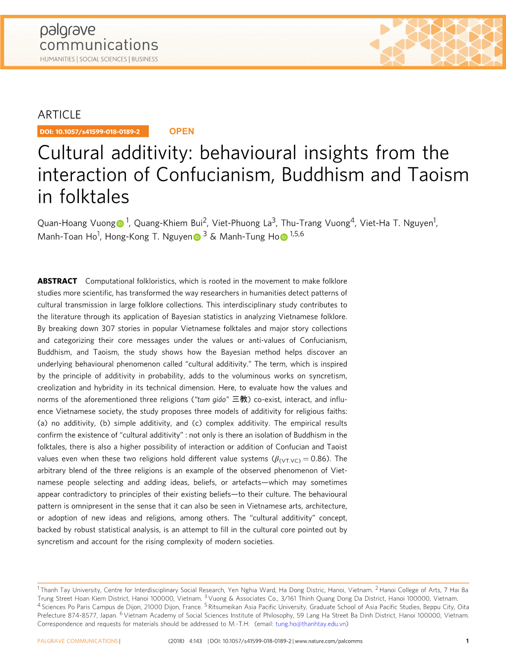 Cultural Additivity: Behavioural Insights from the Interaction of Confucianism, Buddhism and Taoism in Folktales