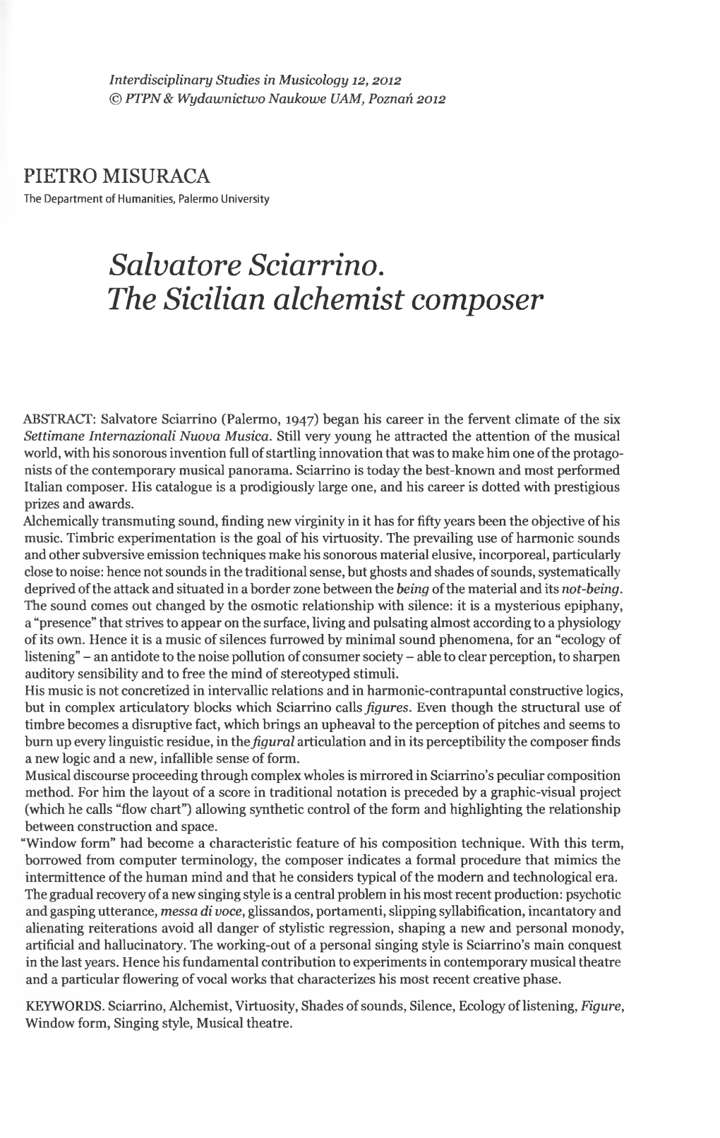 Salvatore Sciarrino. the Sicilian Alchemist Composer