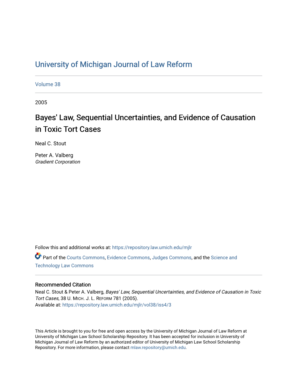 Bayes' Law, Sequential Uncertainties, and Evidence of Causation in Toxic Tort Cases