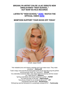 Brooklyn Artist Chloe Lilac Debuts New Single/Video "High School," out Now Via Rca Records