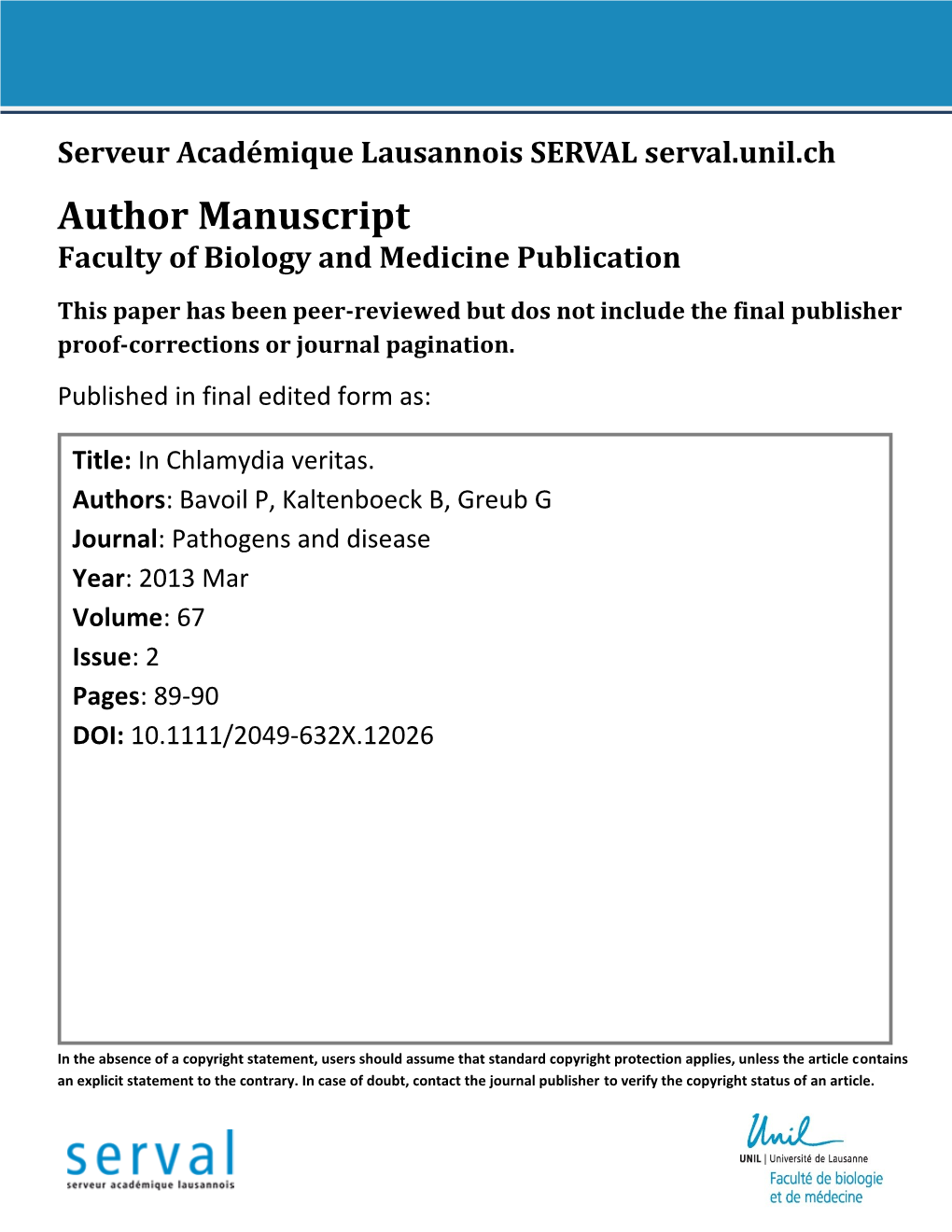 Author Manuscript Faculty of Biology and Medicine Publication