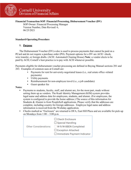 Financial Transaction SOP: Financial Processing, Disbursement Voucher (DV) SOP Owner: Financial Processing Manager Version Number, Date Revised: 6, 06/25/2021