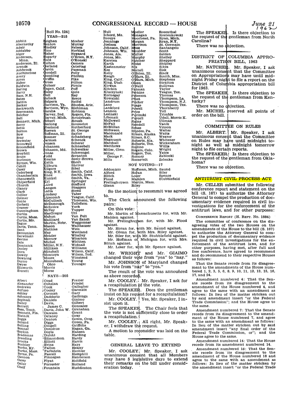 Page 10570 CONGRESSIONAL RECORD — HOUSE June 21 1962 [Roll Number 124] Hull Moeller Rosenthal the SPEAKER