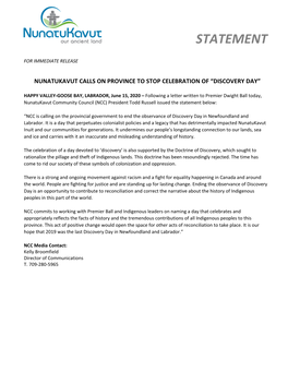 Statement: Nunatukavut Calls on Province to Stop Celebration Of