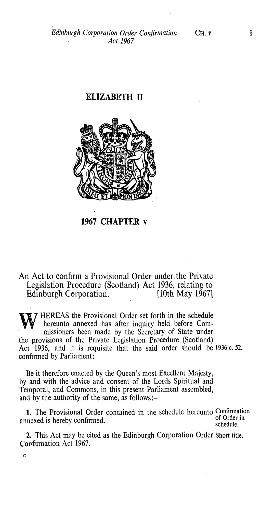 Edinburgh Corporation Order Confirmation CH. V 1 Act 1967