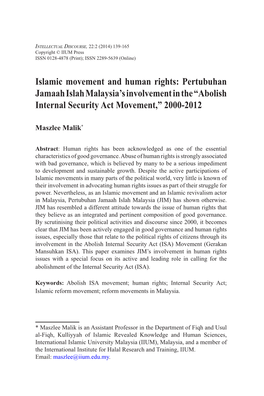 Islamic Movement and Human Rights: Pertubuhan Jamaah Islah Malaysia’S Involvement in the “Abolish Internal Security Act Movement,” 2000-2012