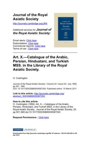 Art. X.—Catalogue of the Arabic, Persian, Hindustani, and Turkish MSS