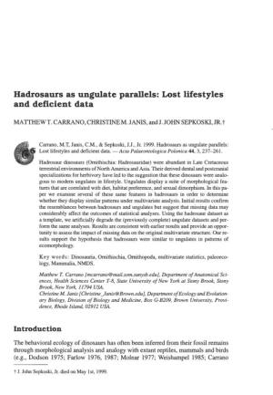Hadrosaurs As Ungulate Parallels: Lost Lifestyles and Deficient Data