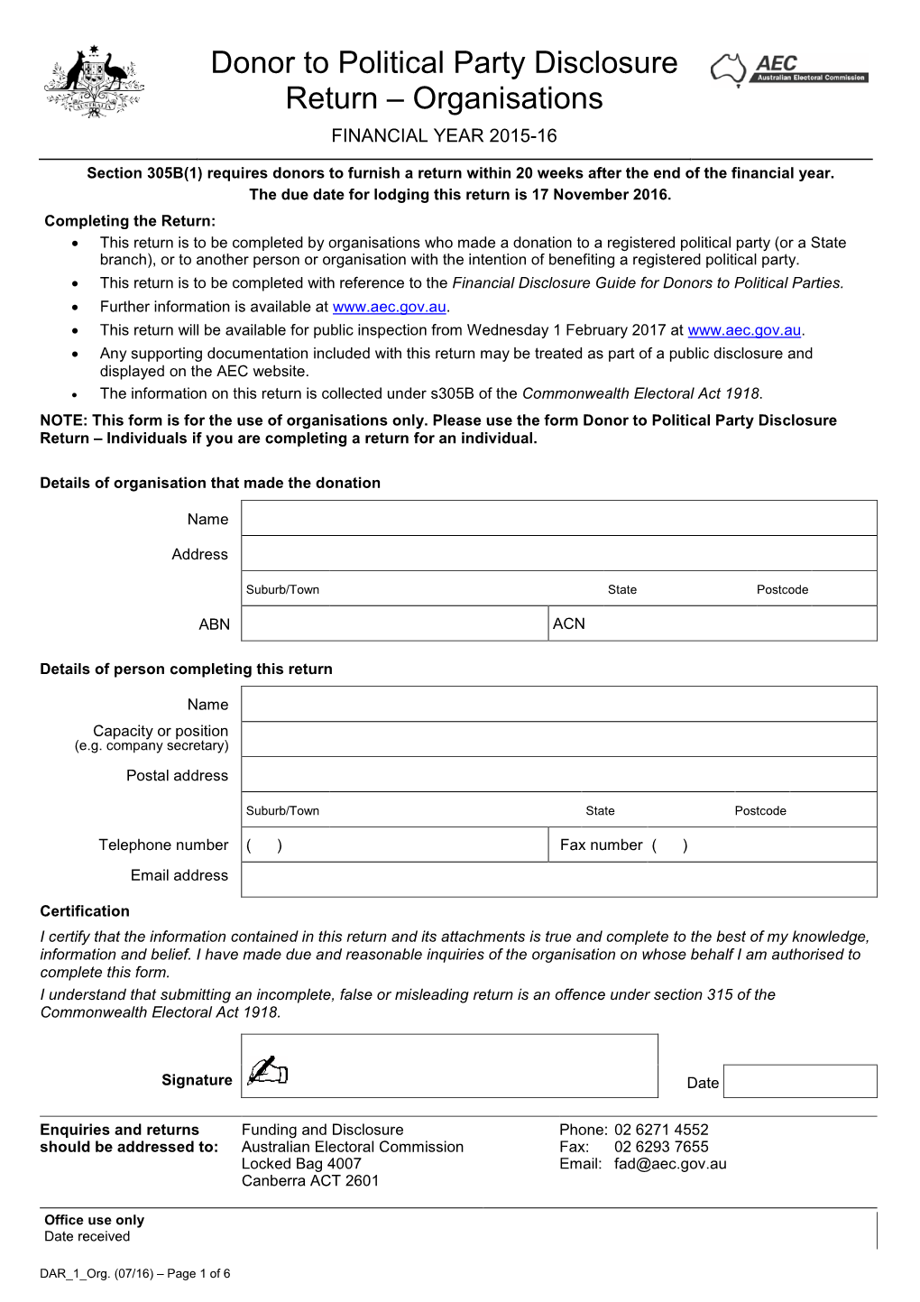 Donor to Political Party Return Form