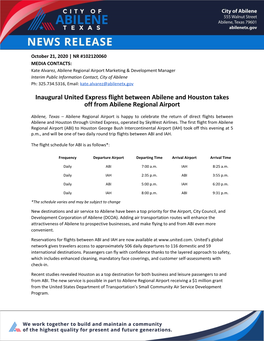 Inaugural United Express Flight Between Abilene and Houston Takes Off from Abilene Regional Airport